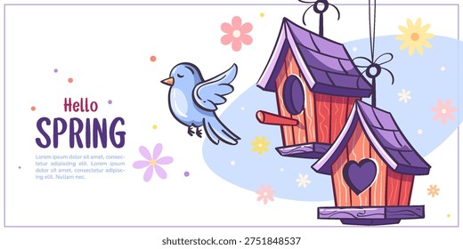 Charming spring vector of a blue bird approaching two hanging wooden birdhouses with purple roofs, surrounded by pastel flowers, confetti dots and a Hello Spring headline. 