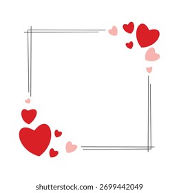 A charming square border adorned with clusters of red and light pink hearts in opposite corners, perfect for romantic occasions and celebrations. Isolated on a clean white background.