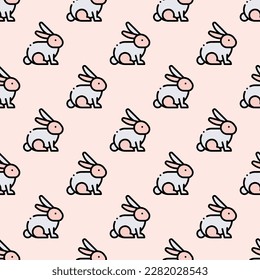 Charming square tile adorned with an amusing animal artwork. Seamless pattern with rabbit on dim gray background. Design for book covers with pictures of wild animals.