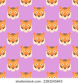 Charming square tile adorned with an amusing animal artwork. Seamless pattern with tiger on light pastel purple background. Design for a notebook with an animal illustration.