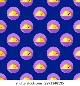 Charming square tile adorned with an amusing food artwork. Seamless pattern with taco on imperial blue background. Design for a flexible wrap for salads.