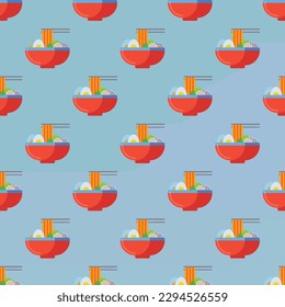 Charming square tile adorned with an amusing food artwork. Seamless pattern with ramen on sapphire blue background. Design for a floral border.