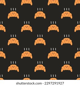 Charming square tile adorned with an amusing food artwork. Seamless pattern with croissant on black leather jacket background. Design for websites to create an engaging user experience.