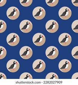 Charming square tile with an entertaining animal design. Seamless pattern with Puffin on st. patrick's blue background. Design for a cushion with an animal sketch.