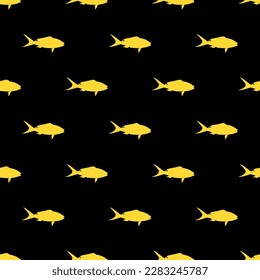 Charming square tile with an entertaining animal design. Seamless pattern with yellowtail fish shape on black background. Design for stationery featuring domestic animals.