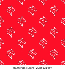 Charming square tile with an entertaining animal design. Seamless pattern with head of a horse outline on red (pigment) background. Design for a set of stickers with animal silhouettes.