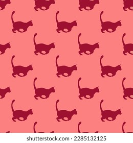 Charming square tile with an entertaining animal design. Seamless pattern with domestic cat shape on vivid burgundy background. Design for a wall mural with an animal silhouette.