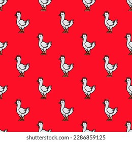 Charming square tile with an entertaining animal design. Seamless pattern with chicken on red (pigment) background. Design for a cushion with an animal sketch.