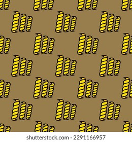 Encantadora baldosa cuadrada con un entretenido diseño de comida. Patrón sin foco con fusilli sobre fondo chamusco. Diseño de un envoltorio hermético para bagels.