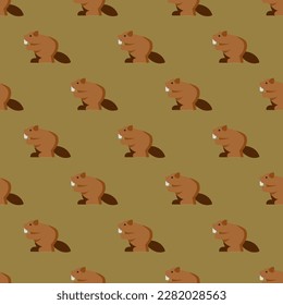 Charming square tile highlighting an animated animal illustration. Seamless pattern with beaver on peru background. Design for a cushion with an animal print.