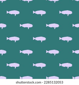 Charming square tile highlighting an animated animal illustration. Seamless pattern with fish shape of tilefish on celadon green background. Design for shopping bags with photos of different animals.
