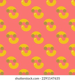 Charming square tile highlighting an animated food illustration. Seamless pattern with macaroni on black leather jacket background. Design for a Christmas tree decoration.