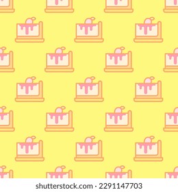 Charming square tile highlighting an animated food illustration. Seamless pattern with cheesecake on mellow yellow background. Design for a heat-sealed wrap for nuggets.