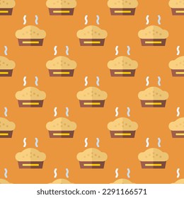 Charming square tile highlighting an animated food illustration. Seamless pattern with pie on satin sheen gold background. Design for a secure wrap for burgers.