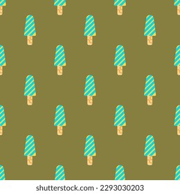Charming square tile highlighting an animated food illustration. Seamless pattern with ice cream  on dark tan background. Design for a puncture-proof wrap for nuggets.