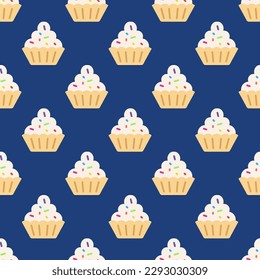 Charming square tile highlighting an animated food illustration. Seamless pattern with cupcake  on st. patrick's blue background. Design for a water-resistant wrap for fried chicken.