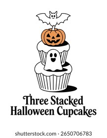 Charming Stacked Halloween Cupcakes Vector. Cute Ghost, Pumpkin, And Bat Toppers on Dessert Treat. Perfect Holiday Bakery Graphic