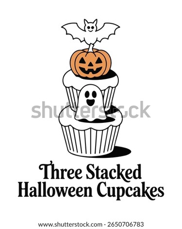 Charming Stacked Halloween Cupcakes Vector. Cute Ghost, Pumpkin, And Bat Toppers on Dessert Treat. Perfect Holiday Bakery Graphic