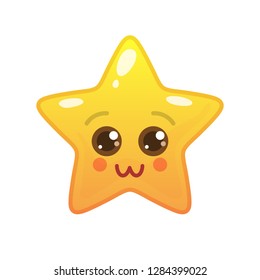 Charming star shaped comic emoticon. Pretty face with facial expression. Comely emoji symbol for internet chatting. Funny social communication animated character. Mood message isolated vector element