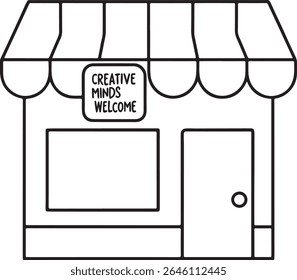 Charming Stationery Shop Illustration with Pens and a Clothing Rack Display inviting creativity and a touch of fashion in a whimsical storefront design