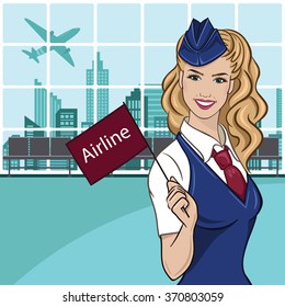 Charming stewardess dressed in blue uniform