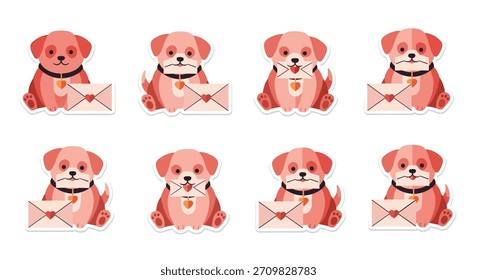 Encantador conjunto de pegatinas de lindos cachorros rosados que sostienen sobres de San Valentín sellados con un corazón, perfecto para mensajes románticos.