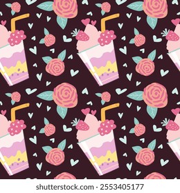 Charming strawberry milkshake and floral pattern on dark background.