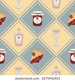 Um charmoso padrão com tema de piquenique de morango, com frascos de geleia de morango, tortas de morango, garrafas de vinho com sabor de morango e copos de vinho, tudo colocado contra um fundo bege.
