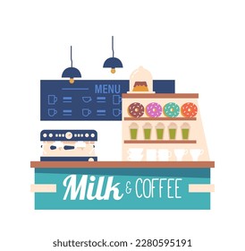 Charming Street Coffee House With Inviting Ambiance And Smell Of Freshly Brewed Coffee, Desk, Shelf and Chalkboard Menu