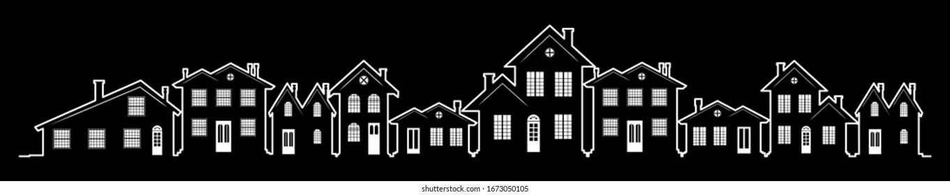 A charming street in the U.S. with houses of different design and architecture. Many options of windows and doors. A header for a website or an article about real estate. A wide panorama