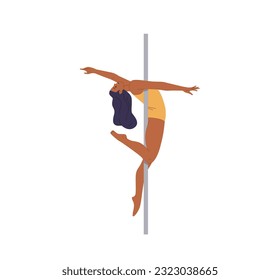 Charming strong athletic woman dancing on pylon performing complex exercise, pole sport concept