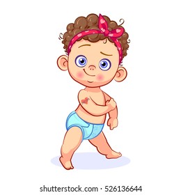 Charming strong baby girl with a tattoo "heart, mom" on her shoulder, a parody of the retro poster "We can do it!". Isolated cartoon vector illustration with a funny toddler in blue diaper.