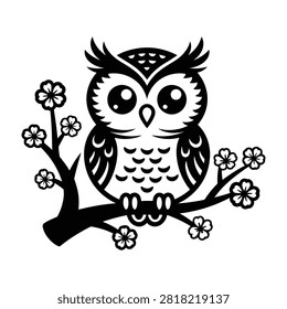 Charming stylized black and white owl vector illustration perching on a blossoming floral tree branch