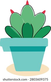Charming stylized cactus plant with unique pink pointy tips potted in modern teal container perfect for interior design aesthetic and nature oriented digital graphic art.