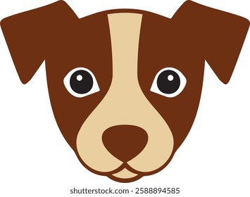 A charming, stylized cartoon dog head with a playful expression and distinctive markings