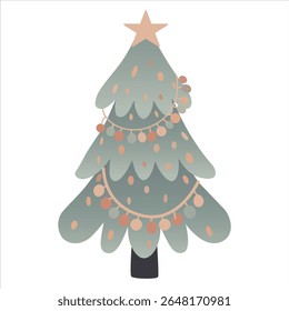 A charming, stylized Christmas tree illustration with soft, muted green and peach tones. Decorated with a string of round ornaments and topped with a star. Simple, festive design.