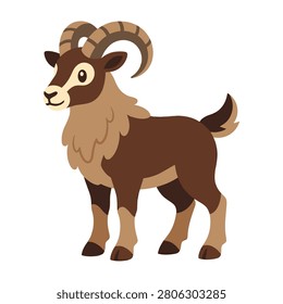 A charming and stylized depiction of an ibex with curved horns, standing gracefully. This simple design captures the essence of a mountain goat for nature projects.