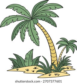 Eine charmante, stilisierte Zeichnung, die eine schiefe Kokospalme zeigt, die von üppigem grünem Laub und kleineren Pflanzen auf einem Sandfleck umgeben ist. Perfekt für tropische Themen.
