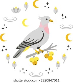 A charming, stylized illustration of a grey bird with a pink neck and yellow accents, perched on a branch with yellow berries. The background features whimsical cele