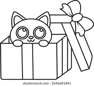 Uma ilustração encantadora e estilizada da cabeça e patas de um gatinho emergindo de uma caixa de presente aberta. O gatinho tem olhos grandes e redondos e está olhando para cima, isolado em um fundo branco.