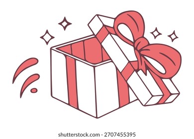 Una ilustración encantadora y estilizada de una caja de regalo cuadrada abierta atada con un Grande lazo rojo, con rayas blancas y detalles brillantes que sugieren sorpresa o magia en el interior, perfecta para el tema de la celebración