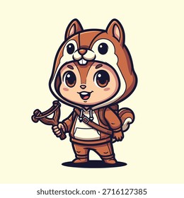 Una ilustración encantadora y estilizada de un personaje de ardilla vestido con un traje de ardilla, sosteniendo una honda de madera, listo para la aventura.