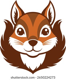 A charming and stylized illustration of a squirrel's face, featuring large, expressive eyes and a fluffy tail. This graphic uses a distinctive silhouette style with warm brown tones.