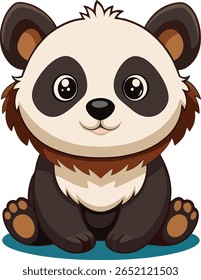 A charming, stylized illustration of a young panda bear sitting upright. It features large, dark eyes with highlights, a small pink mouth, and characteristic black and white markings.