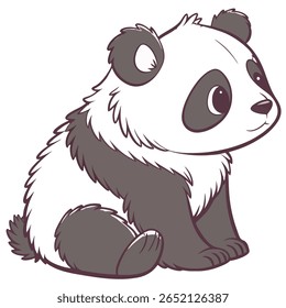 Ilustração encantadora e estilizada de um jovem urso panda sentado em pé. Ele apresenta as marcas clássicas em preto e branco, grandes olhos escuros e uma aparência macia.
