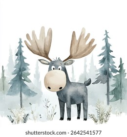 A charming, stylized moose, depicted in muted watercolor tones, stands amidst a misty forest. The moose's large antlers and soft features create a whimsical feel.