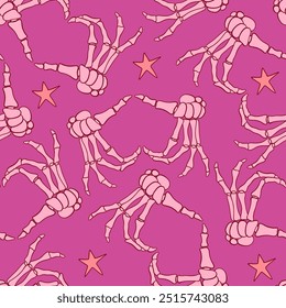 A charming and stylized pattern featuring cheerful pink skeleton hands along with whimsical stars