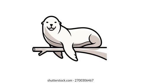 Um selo charmoso e estilizado repousa em um galho, seu corpo branco e contorno preto contra um fundo branco limpo. Ele sorri