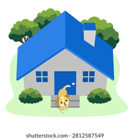 A charming suburban cottage features a bright blue roof, a matching front door, and grey walls. A cute puppy stands on the front steps, welcoming visitors. Lush green trees and bushes surround the property, creating a warm, friendly atmosphere.