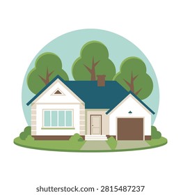 A charming suburban house featuring a front garage, large windows, and a welcoming entrance surrounded by vibrant green trees and landscaping in a quiet area.